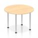 The picture shows a dynamic round table with a 1000mm diameter, featuring a charming maple top and sturdy brushed aluminium post leg. Perfect for versatile use in various settings.