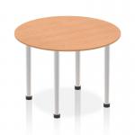 This image showcases a sleek and modern dynamic round table, boasting a 1000mm oak top and a brushed aluminium post leg. The combination of natural wood and metallic accents creates a timeless yet contemporary design. Perfect for any office or conference room.