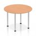 This image showcases a sleek and modern dynamic round table, boasting a 1000mm oak top and a brushed aluminium post leg. The combination of natural wood and metallic accents creates a timeless yet contemporary design. Perfect for any office or conference room.