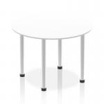 The photograph features a dynamic 1000mm round table with a white top and brushed aluminium post leg. The round shape promotes collaboration and the modern design adds a touch of elegance to any space. The table exudes a professional and inviting atmosphere.