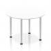 The photograph features a dynamic 1000mm round table with a white top and brushed aluminium post leg. The round shape promotes collaboration and the modern design adds a touch of elegance to any space. The table exudes a professional and inviting atmosphere.