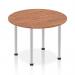 The picture shows a dynamic round table measuring 1000mm with a walnut top and brushed aluminium post leg. The sleek and modern design adds a touch of sophistication to any space. The round shape encourages social interaction and teamwork.