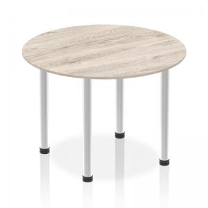 Click to view product details and reviews for Impulse 1000mm Round Table Grey Oak Top Brushed Aluminium Post Leg.