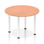 This picture features a dynamic round table with a 1000mm beech top and a sleek white post leg. The table is set up for a meeting or discussion, with chairs surrounding it. The room has a modern and professional vibe.