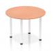 This picture features a dynamic round table with a 1000mm beech top and a sleek white post leg. The table is set up for a meeting or discussion, with chairs surrounding it. The room has a modern and professional vibe.