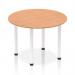 This photo captures a modern, 1000mm round table with an oak top and white post legs. The dynamic design creates an inviting and stylish atmosphere, making it a versatile choice for any space.