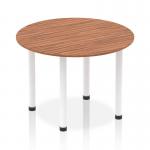 The image shows a modern and chic Dynamic Round Tables Impulse 1000mm Round Table with a sleek walnut top and white post leg. The round shape gives a sense of inclusivity and encourages dynamic communication within a space.