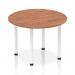 The image shows a modern and chic Dynamic Round Tables Impulse 1000mm Round Table with a sleek walnut top and white post leg. The round shape gives a sense of inclusivity and encourages dynamic communication within a space.