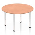 A sleek and modern Dynamic Round Tables Impulse 1200mm Round Table in Beech Top with a chrome post leg. The circular shape and simple design make it a versatile addition to any workspace or meeting room. The beech top adds warmth while the chrome leg adds a touch of elegance.