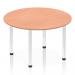 A sleek and modern Dynamic Round Tables Impulse 1200mm Round Table in Beech Top with a chrome post leg. The circular shape and simple design make it a versatile addition to any workspace or meeting room. The beech top adds warmth while the chrome leg adds a touch of elegance.