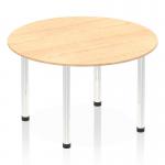 A photo of a Dynamic Round Tables Impulse 1200mm Round Table reveals a sleek and modern design. The maple top and chrome post leg combination adds a touch of sophistication, while the round shape allows for easy conversation and collaboration. A stylish and functional piece of furniture for any workspace.