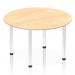 A photo of a Dynamic Round Tables Impulse 1200mm Round Table reveals a sleek and modern design. The maple top and chrome post leg combination adds a touch of sophistication, while the round shape allows for easy conversation and collaboration. A stylish and functional piece of furniture for any workspace.