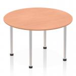 The photo shows a stylish dynamic round table with a 1200mm beech top and a brushed aluminum post leg. Its sleek design and modern finish make it a perfect addition to any office or meeting room setting. The round shape allows for easy conversation and collaboration.