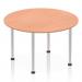 The photo shows a stylish dynamic round table with a 1200mm beech top and a brushed aluminum post leg. Its sleek design and modern finish make it a perfect addition to any office or meeting room setting. The round shape allows for easy conversation and collaboration.