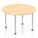 The photograph captures a sleek and modern dynamic round table, measuring 1200mm in diameter. The table features a stunning maple top and a brushed aluminium post leg, adding a touch of sophistication to any space.