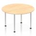 The photograph captures a sleek and modern dynamic round table, measuring 1200mm in diameter. The table features a stunning maple top and a brushed aluminium post leg, adding a touch of sophistication to any space.