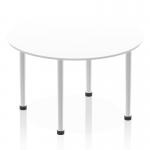The image of the Dynamic Round Tables Impulse 1200mm Round Table features a sleek white top with a brushed aluminum post leg. The circular shape gives it a modern and dynamic look, perfect for any contemporary workspace or meeting room.