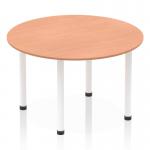 The photograph shows a stylish and modern round table with a beech top and white post leg, measuring 1200mm in diameter. The circular shape gives a sense of movement and dynamism, making it a great addition to any contemporary space.