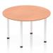 The photograph shows a stylish and modern round table with a beech top and white post leg, measuring 1200mm in diameter. The circular shape gives a sense of movement and dynamism, making it a great addition to any contemporary space.