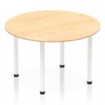 This picture features a dynamic round table, measuring 1200mm, with a sleek maple top and white post legs. Its modern design and neutral colors make it a versatile addition to any space. The round shape encourages conversation and collaboration.