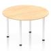 This picture features a dynamic round table, measuring 1200mm, with a sleek maple top and white post legs. Its modern design and neutral colors make it a versatile addition to any space. The round shape encourages conversation and collaboration.