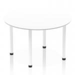 The picture shows a striking Dynamic Round Tables Impulse 1200mm round table with a crisp white top and sleek white post legs. Its sleek and modern design creates a dynamic and unique appearance.