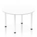 The picture shows a striking Dynamic Round Tables Impulse 1200mm round table with a crisp white top and sleek white post legs. Its sleek and modern design creates a dynamic and unique appearance.
