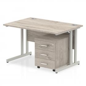 Impulse 1200 x 800mm Straight Office Desk Grey Oak Top White Cantilever Leg Workstation 3 Drawer Mobile Pedestal I003798