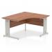This picture features a modern and sleek right crescent office desk with a walnut top and silver cable managed leg. The dynamic corner design is perfect for maximizing space and creating a professional and functional workspace.