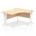 This photo features a dynamic corner desk with a right crescent shape and a maple top. The white cable managed leg adds functionality and a clean aesthetic.