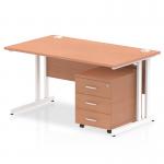 Impulse 1400 x 800mm Straight Office Desk Beech Top White Cantilever Leg Workstation 3 Drawer Mobile Pedestal I003888