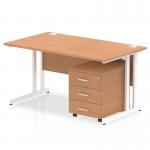 Impulse 1400 x 800mm Straight Office Desk Oak Top White Cantilever Leg Workstation 3 Drawer Mobile Pedestal I003890