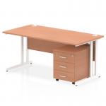 Impulse 1600 x 800mm Straight Office Desk Beech Top White Cantilever Leg Workstation 3 Drawer Mobile Pedestal I003893