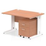 Impulse 1200 x 800mm Straight Office Desk Beech Top White Cable Managed Leg Workstation 2 Drawer Mobile Pedestal I003898