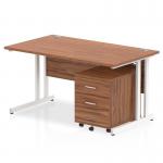 Impulse 1400 x 800mm Straight Office Desk Walnut Top White Cantilever Leg Workstation 2 Drawer Mobile Pedestal I003915