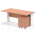 Impulse 1600 x 800mm Straight Office Desk Beech Top White Cable Managed Leg Workstation 2 Drawer Mobile Pedestal I003916