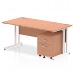 Impulse 1600 x 800mm Straight Office Desk Beech Top White Cantilever Leg Workstation 2 Drawer Mobile Pedestal I003917