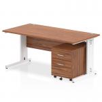 Impulse 1600 x 800mm Straight Office Desk Walnut Top White Cable Managed Leg Workstation 2 Drawer Mobile Pedestal I003923