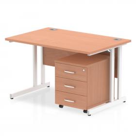Impulse 1200 x 800mm Straight Office Desk Beech Top White Cantilever Leg Workstation 3 Drawer Mobile Pedestal I003935