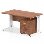 Impulse 1400 x 800mm Straight Office Desk Walnut Top White Cable Managed Leg Workstation 3 Drawer Mobile Pedestal I003947