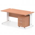 The photo shows a dynamic pedestal desk with an impulse 1600 x 800mm straight office desk in a beech top and white cable managed leg. The workstation also features a 3 drawer mobile pedestal. The desk has a sleek and modern design and provides ample storage and workspace. The beech top adds a touch of warmth while the white legs create a clean and professional look. The cable management system keeps cords neatly organized. The mobile pedestal adds versatility and convenience.