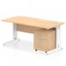 This photograph shows a sleek and modern dynamic pedestal desk, with a maple top and white cable managed legs. This spacious 1600 x 800mm straight office desk is complemented by a convenient 3 drawer mobile pedestal, creating the perfect workstation for any office.