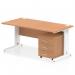 This picture features a sleek and functional Dynamic Pedestal Desk Impulse with a 1600 x 800mm straight oak top. The desk also includes a white cable managed leg workstation and a 3 drawer mobile pedestal, all perfectly organized for a productive work environment.