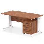 The desk features a sleek walnut top and white cable managed legs. It includes a 3 drawer mobile pedestal and measures 1600 x 800mm. The modern design and dynamic pedestal make it perfect for any office space.