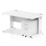 Impulse 1400 x 800mm Straight Office Desk White Top White Cable Managed Leg Workstation 2 Drawer Mobile Pedestal I003964