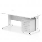 The desk is set up in a modern office space, with a sleek white top and cable-managed legs. A mobile pedestal with 3 drawers sits to the side, providing storage. It exudes a dynamic and professional vibe, ready for efficient work.
