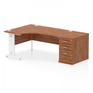 Impulse 1600mm Left Crescent Office Desk Walnut Top White Cable