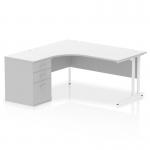 Impulse 1600mm Left Crescent Office Desk White Top White Cantilever Leg Workstation 600 Deep Desk High Pedestal I004154