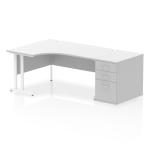 Impulse 1600mm Left Crescent Office Desk White Top White Cantilever Leg Workstation 800 Deep Desk High Pedestal I004155