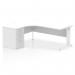 The photograph shows a sleek and modern office workstation with a white curved desk, a cable-managed leg, and a matching white high pedestal. The 1800mm desk offers ample room for work and the 600mm deep desk provides additional space. The overall design exudes a sense of dynamic productivity.